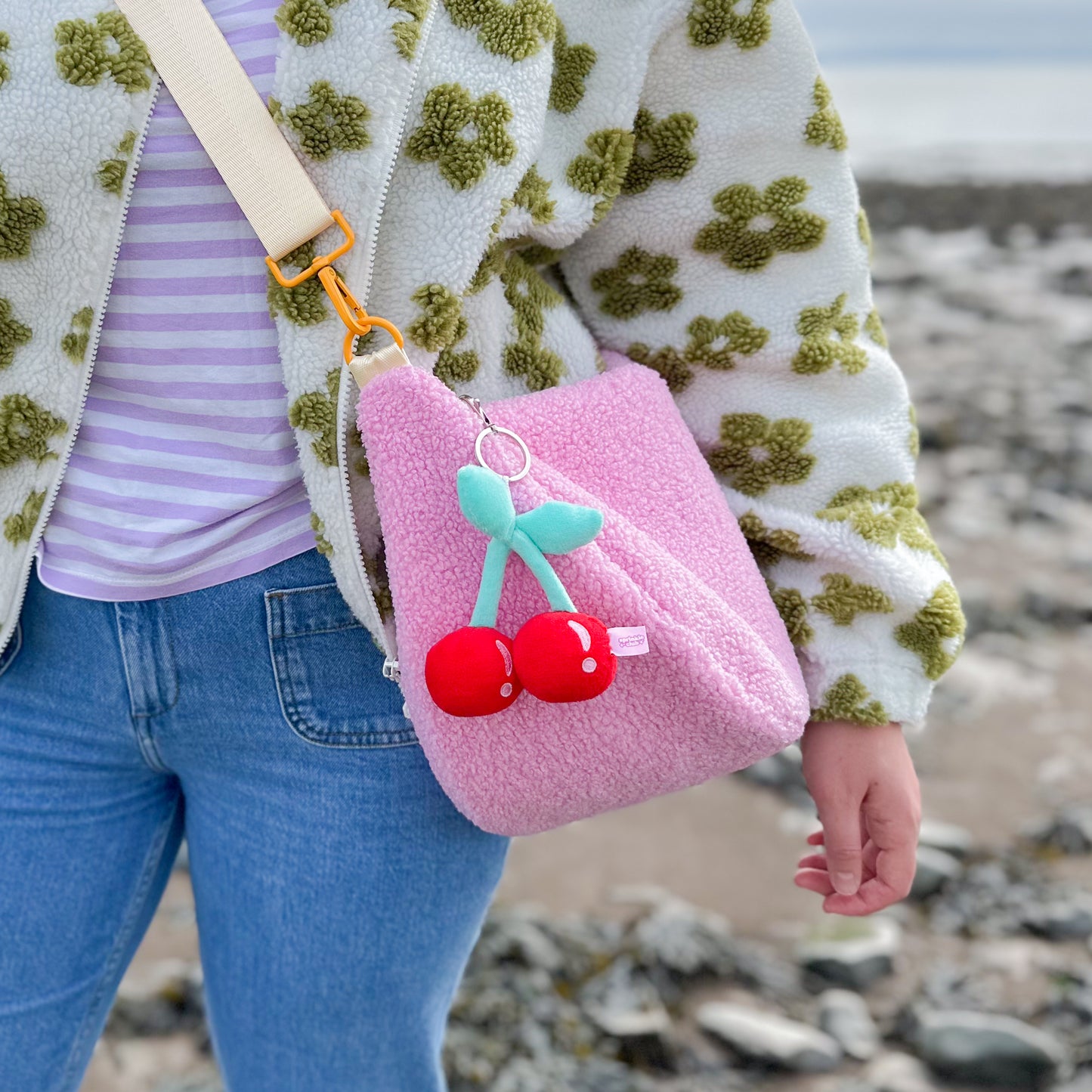 PRE-ORDER: Pink Teddy Crossbody Bag with Cherry Plushie Keychain - Women's